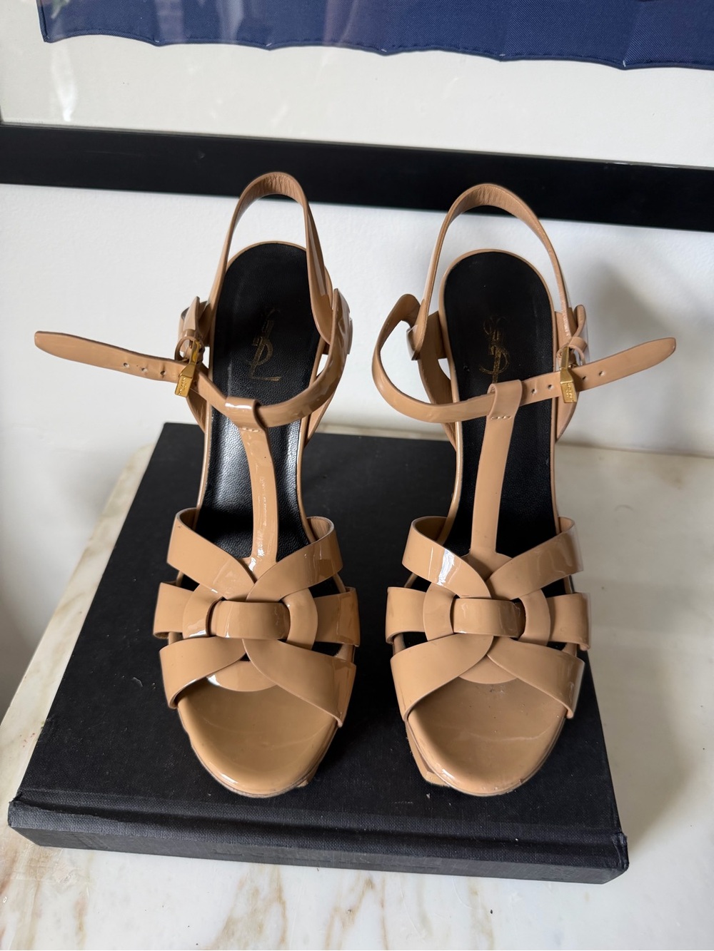 Yves Saint Laurent Nude Patent Leather Knotted T-Strap Heels